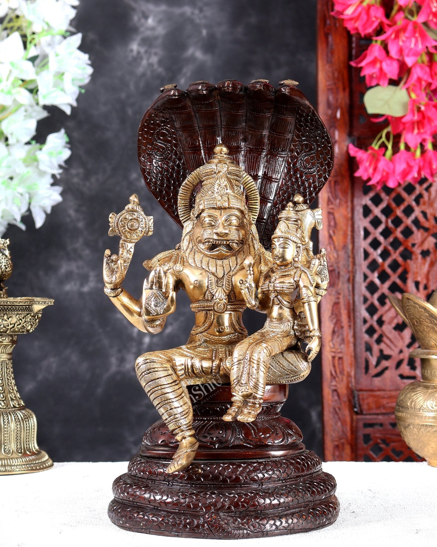 Brass Lakshmi Narasimha Swamy with Sheshanaag Peetha 12.5 inch dual tone - Budhshiv.com