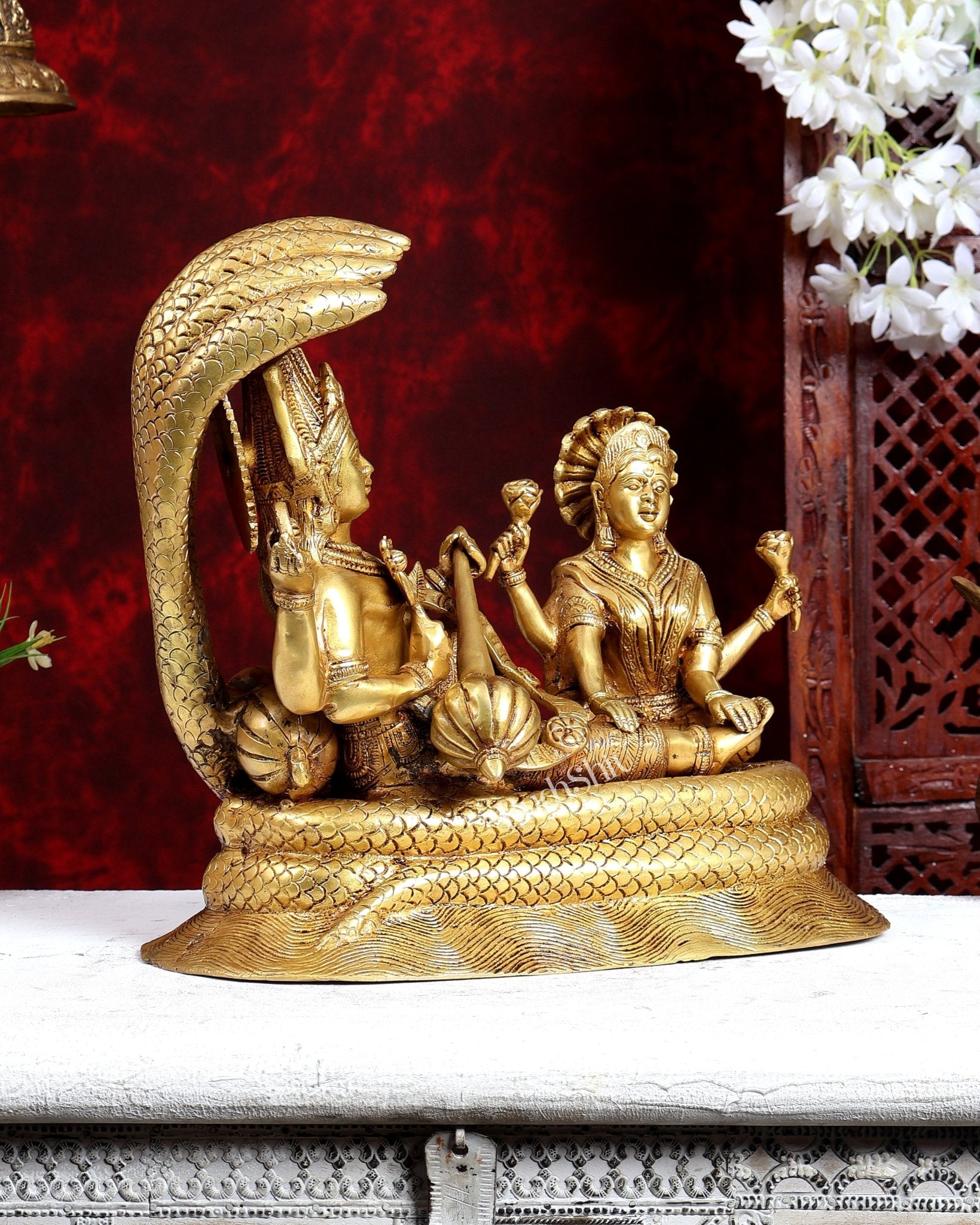 Brass Lakshmi Narayan Under Sheshnaag Statue – Auspicious Divine Idol 12 inch - Budhshiv.com