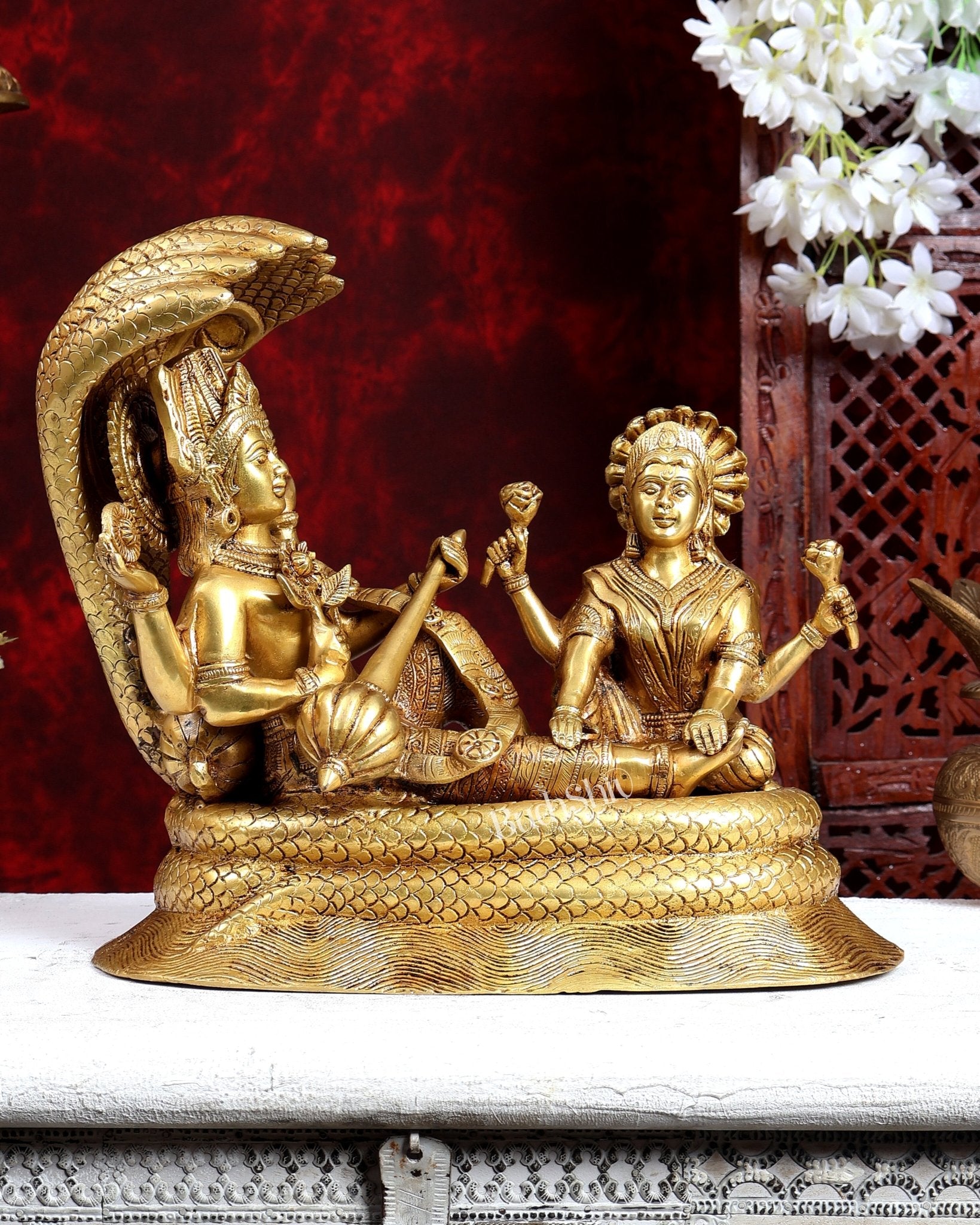 Brass Lakshmi Narayan Under Sheshnaag Statue – Auspicious Divine Idol 12 inch - Budhshiv.com