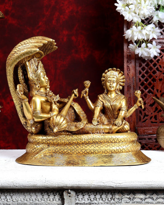 Brass Lakshmi Narayan Under Sheshnaag Statue – Auspicious Divine Idol 12 inch - Budhshiv.com