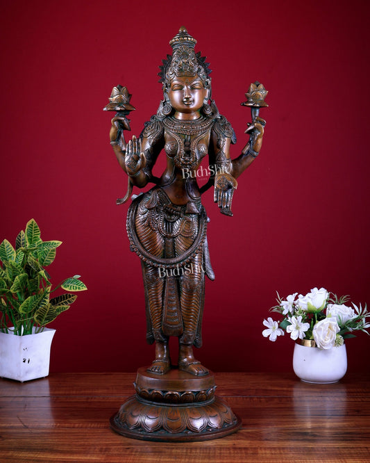 Brass Lakshmi Statue standing blessing mudra – 24.5” chola bronze layer - Budhshiv.com
