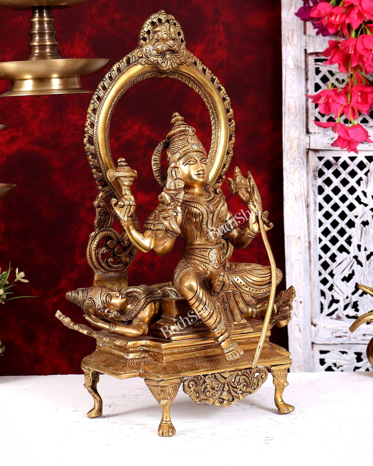 Brass Lalita Devi Seated on Shiva Idol – Raja Rajeshwari Divine Murti (16.5 Inches) - Budhshiv.com