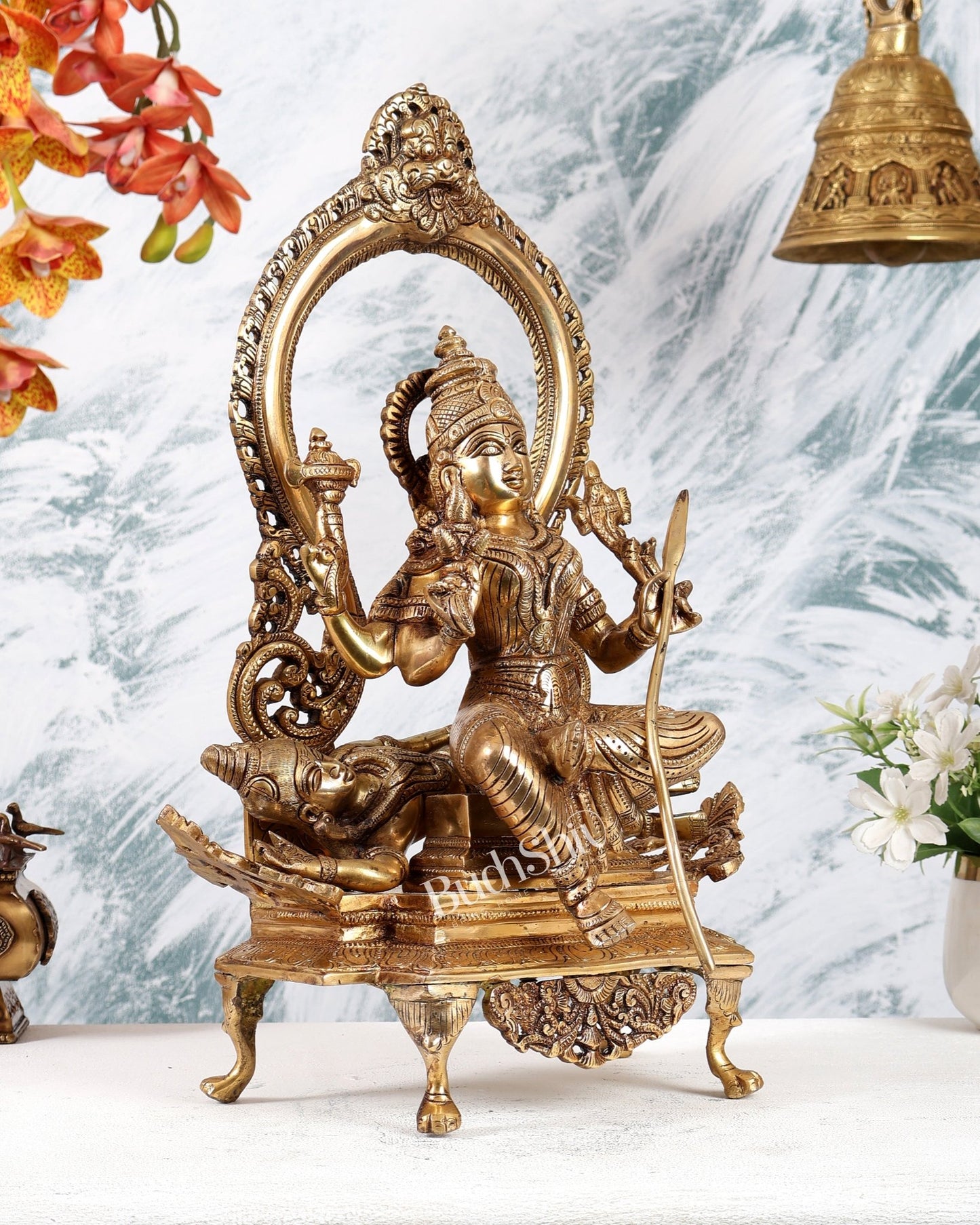 Brass Lalita Devi Seated on Shiva Idol – Raja Rajeshwari Divine Murti (16.5 Inches) - Budhshiv.com
