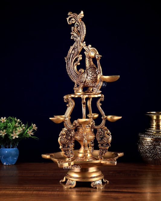 Brass Large Annampakshi Diya Samai Oil Lamp – Multiple Wicks 18 inch - Budhshiv.com