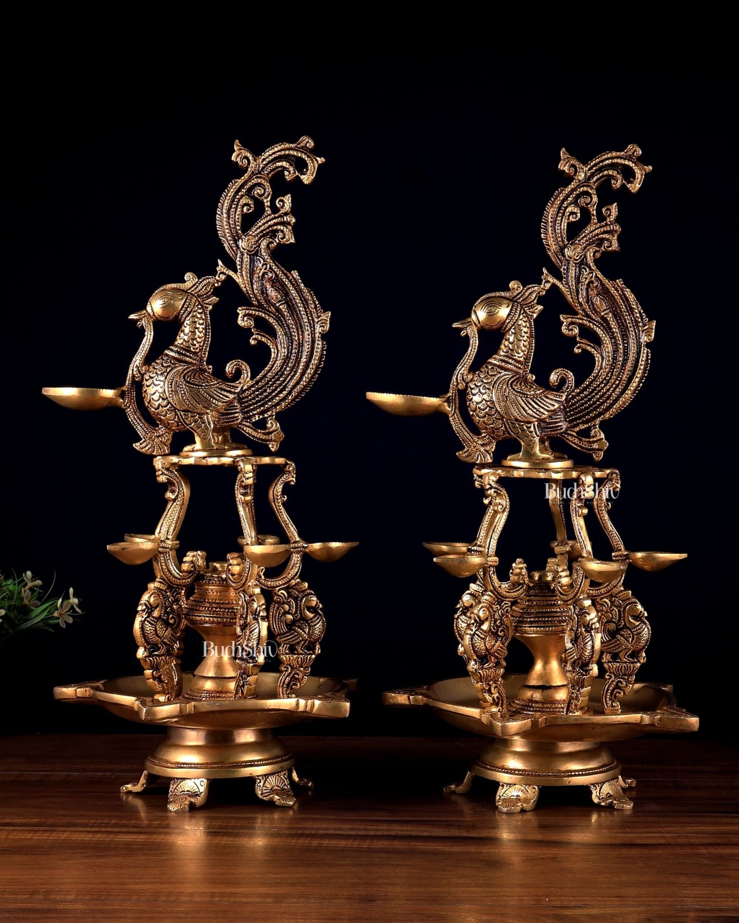 Brass Large Annampakshi Diya Samai Oil Lamps pair – Multiple Wicks 18 inch - Budhshiv.com