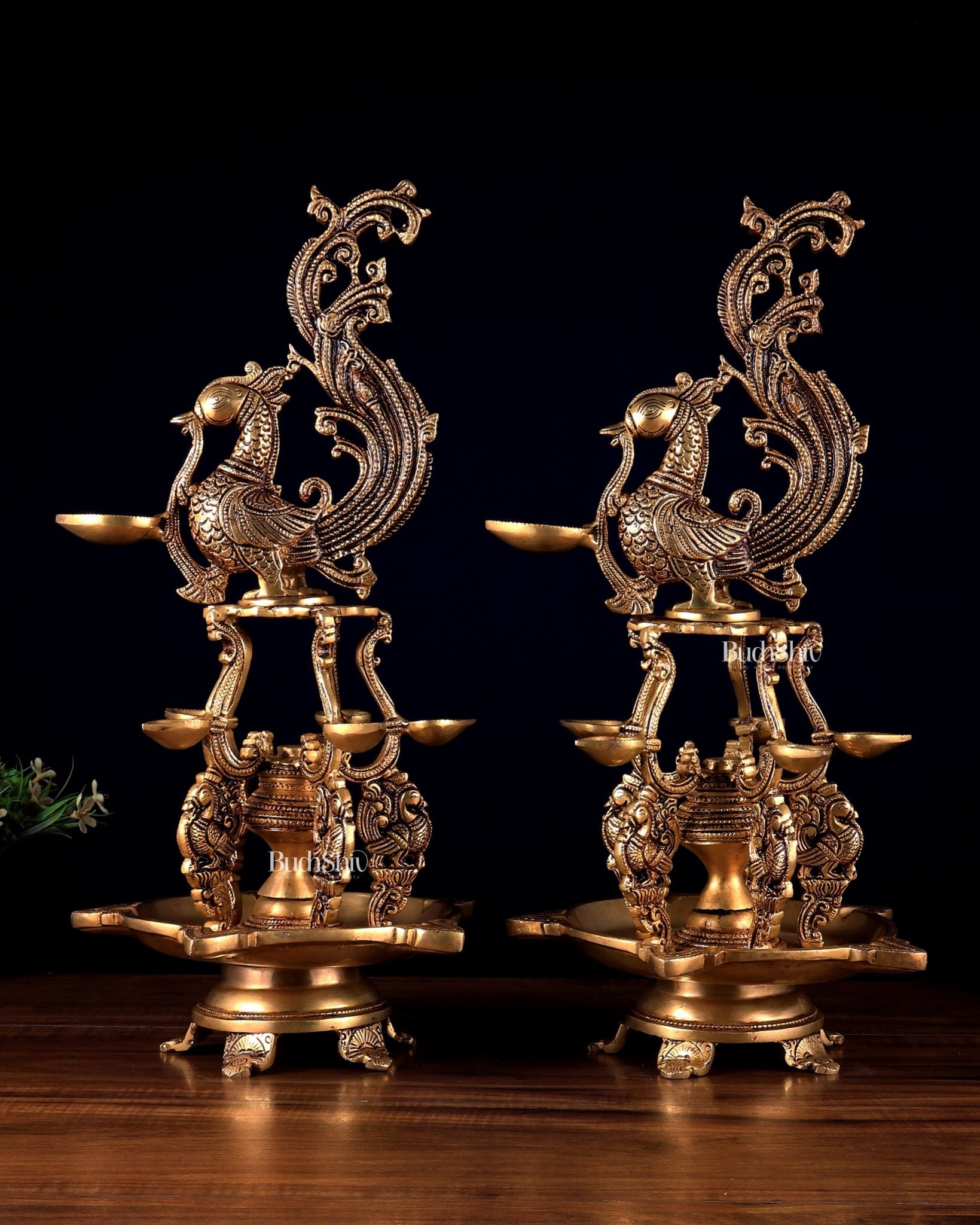 Brass Large Annampakshi Diya Samai Oil Lamps pair – Multiple Wicks 18 inch - Budhshiv.com