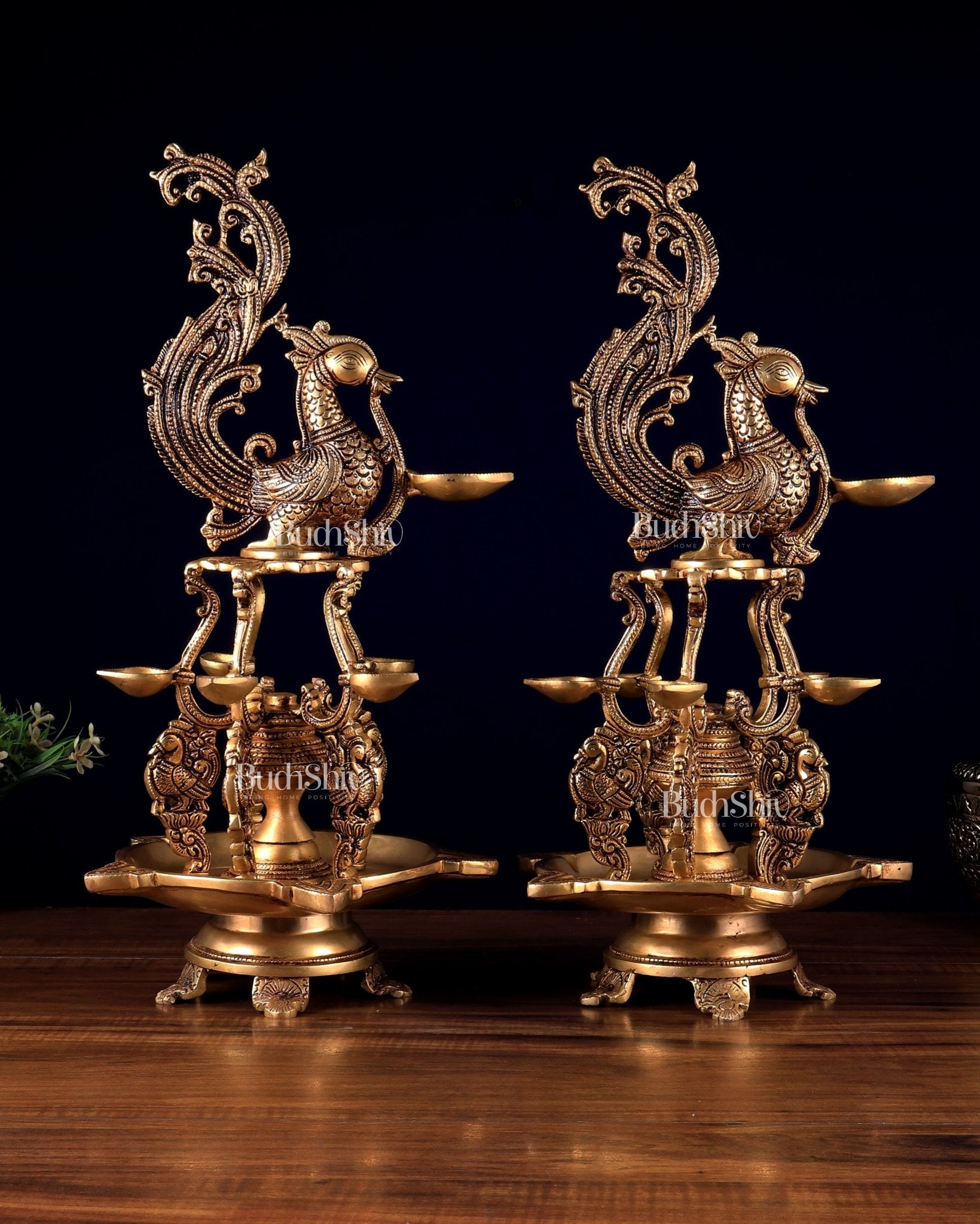 Brass Large Annampakshi Diya Samai Oil Lamps pair – Multiple Wicks 18 inch - Budhshiv.com