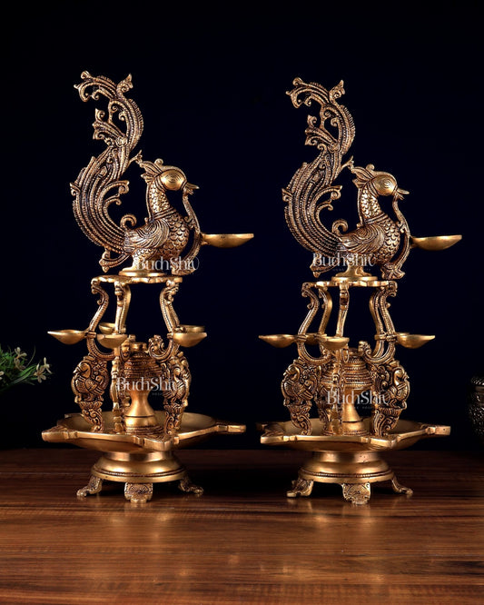 Brass Large Annampakshi Diya Samai Oil Lamps pair – Multiple Wicks 18 inch - Budhshiv.com