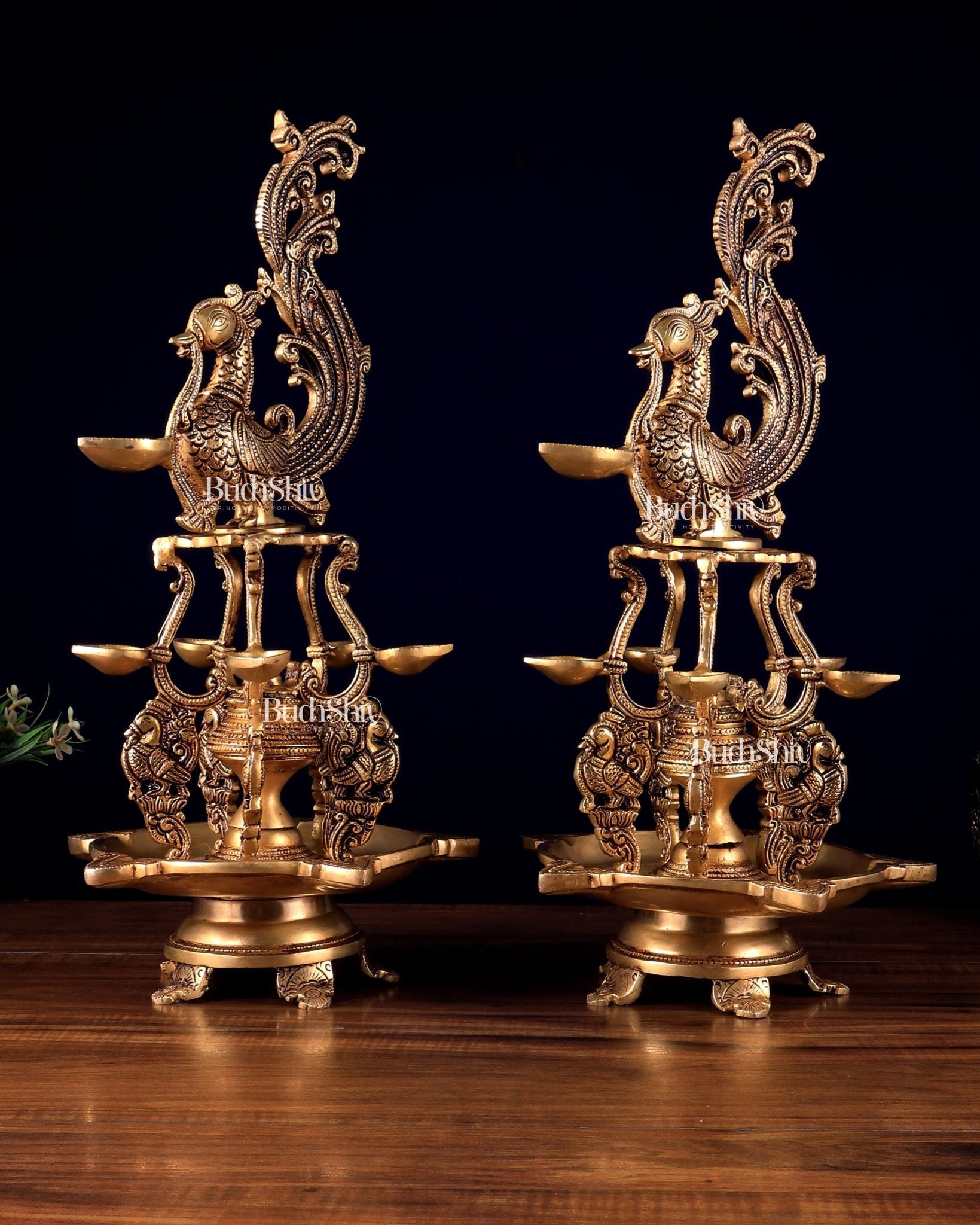 Brass Large Annampakshi Diya Samai Oil Lamps pair – Multiple Wicks 18 inch - Budhshiv.com