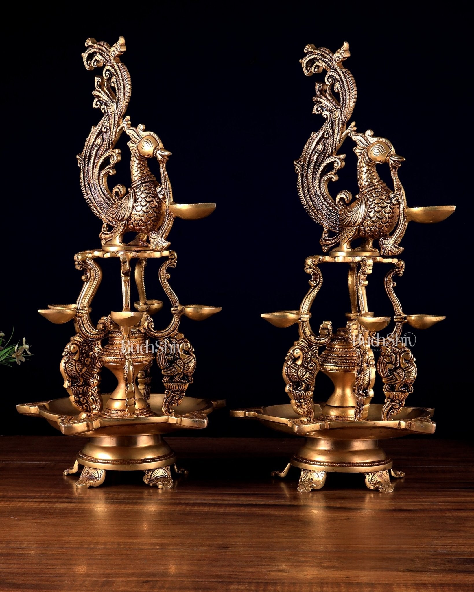 Brass Large Annampakshi Diya Samai Oil Lamps pair – Multiple Wicks 18 inch - Budhshiv.com