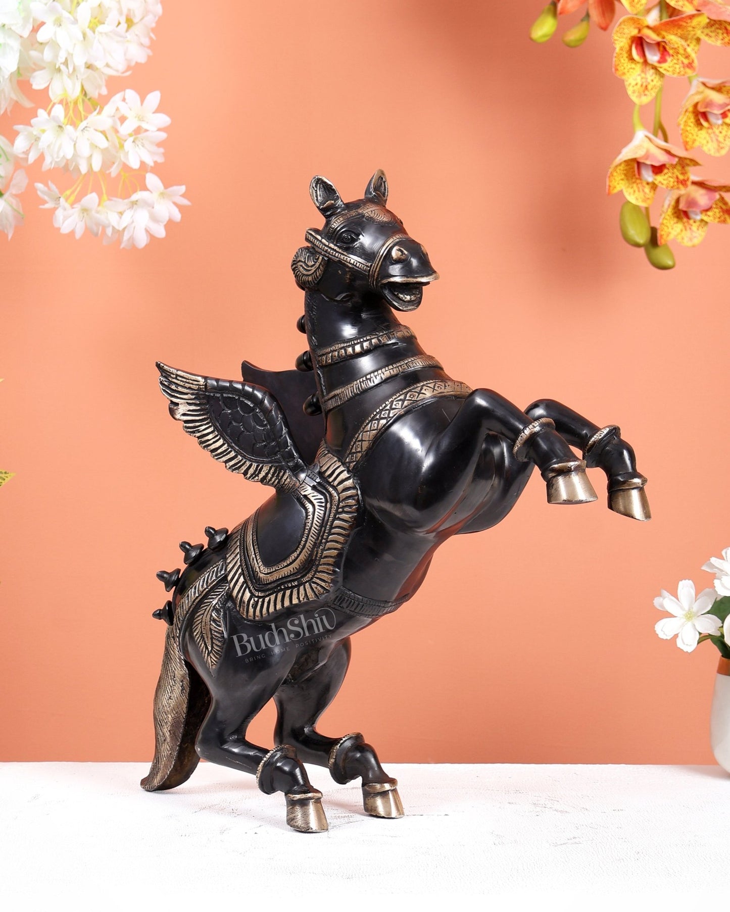Brass large Black Flying Horse Pegasus Showpiece 12 inch large - Budhshiv.com