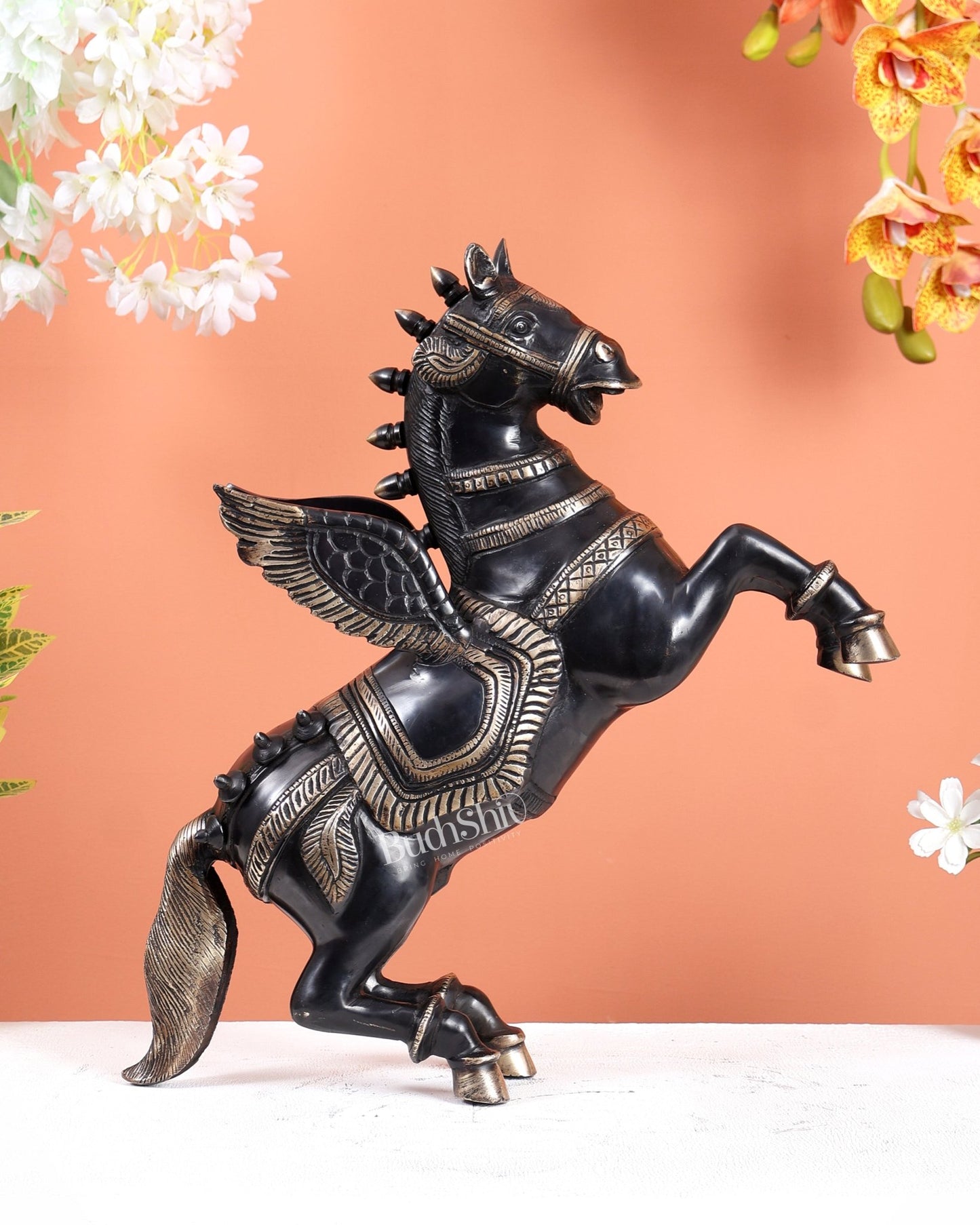 Brass large Black Flying Horse Pegasus Showpiece 12 inch large - Budhshiv.com