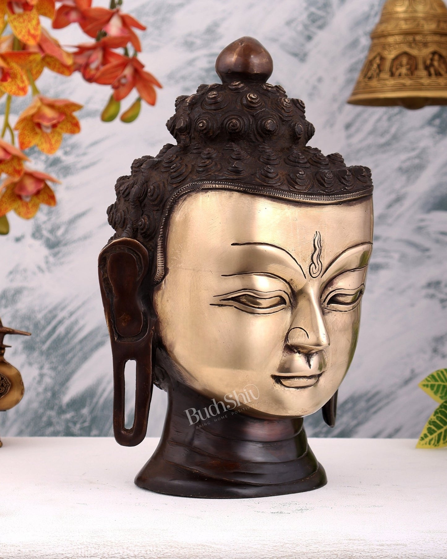 Brass Large Buddha Face Sculpture – Dual Tone Buddha Head Décor (13 Inches) - Budhshiv.com