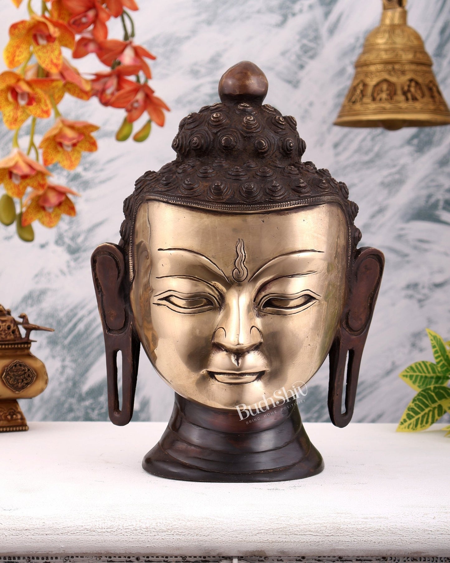 Brass Large Buddha Face Sculpture – Dual Tone Buddha Head Décor (13 Inches) - Budhshiv.com