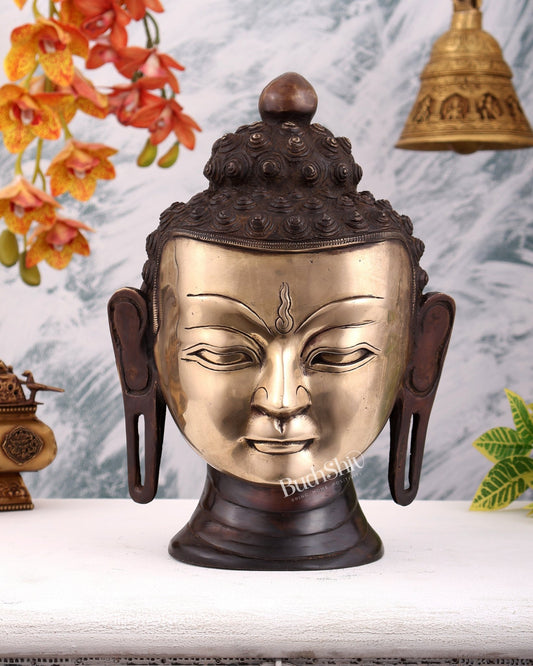 Brass Large Buddha Face Sculpture – Dual Tone Buddha Head Décor (13 Inches) - Budhshiv.com
