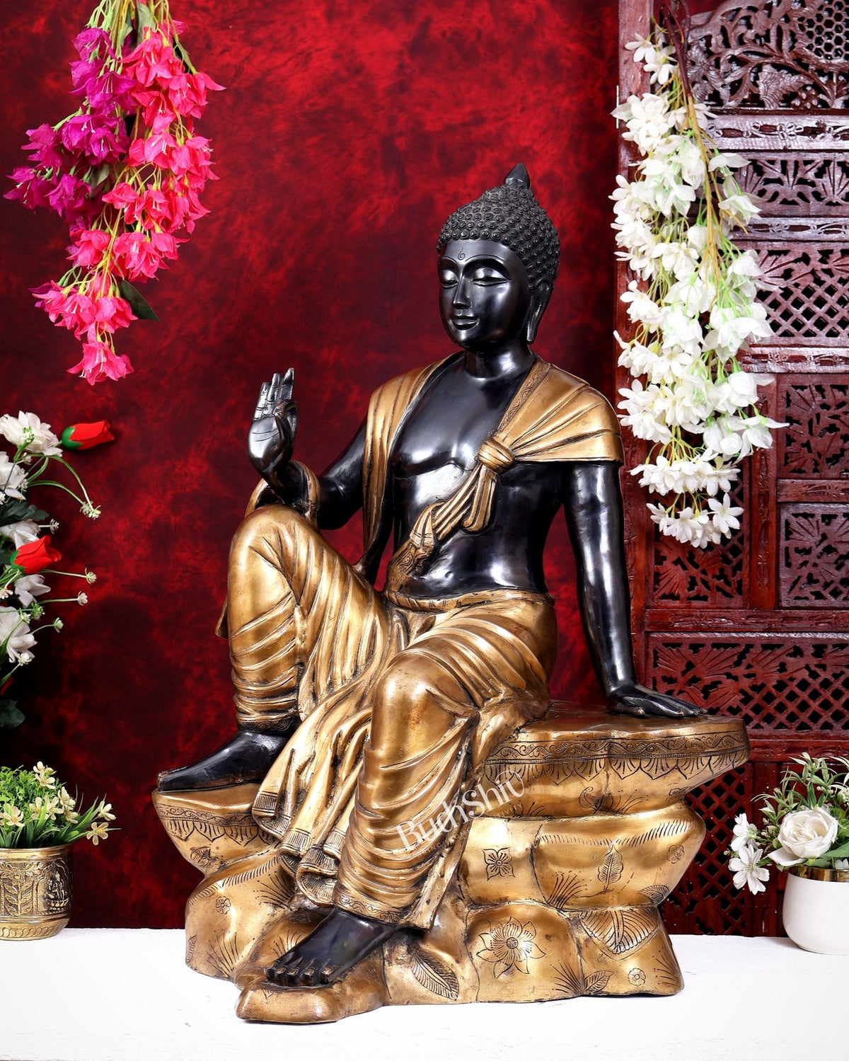 Brass large Buddha Sitting on rock Statue black edition - 30" - Budhshiv.com