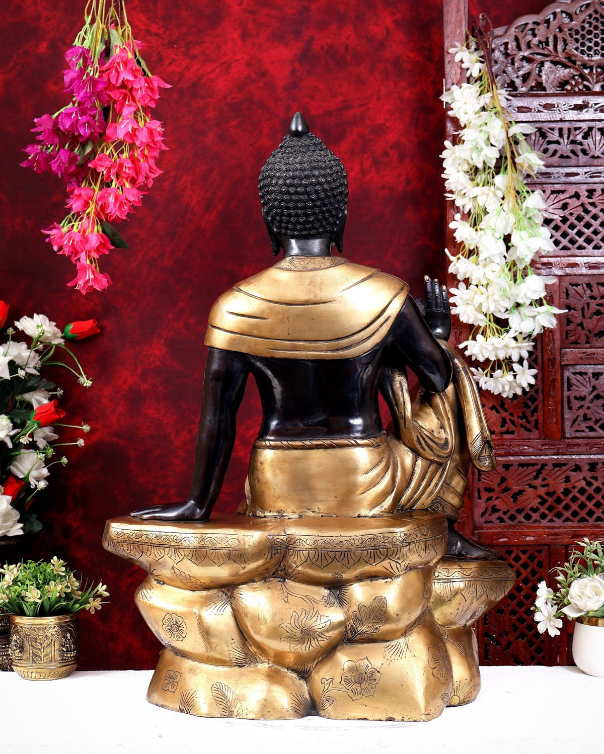 Brass large Buddha Sitting on rock Statue black edition - 30" - Budhshiv.com