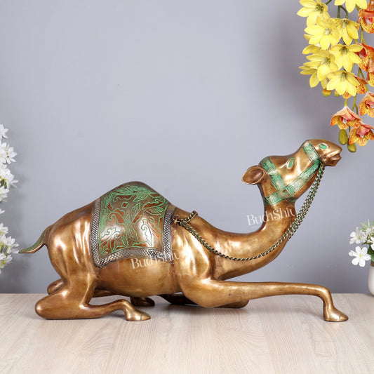 Brass Large Camel Sculpture – Vintage Tone | Majestic Vastu Approved Showpiece 28 inch - Budhshiv.com