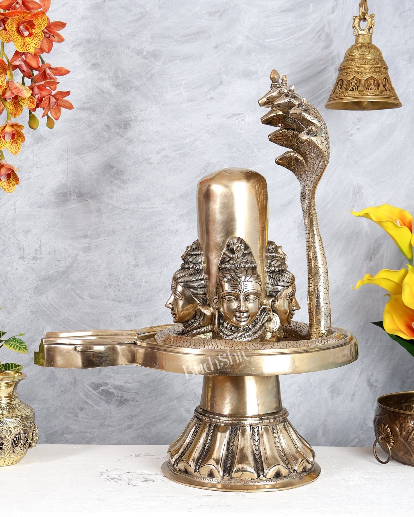 Brass Large Charmukhi Shiv Lingam – Maha Shiva Ling Original Powerful Form (25.5 Inches) - Budhshiv.com