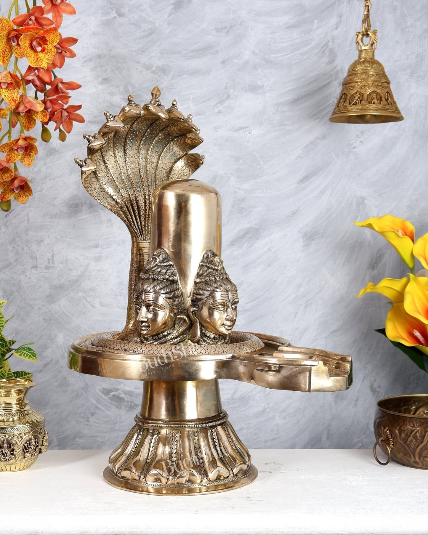 Brass Large Charmukhi Shiv Lingam – Maha Shiva Ling Original Powerful Form (25.5 Inches) - Budhshiv.com