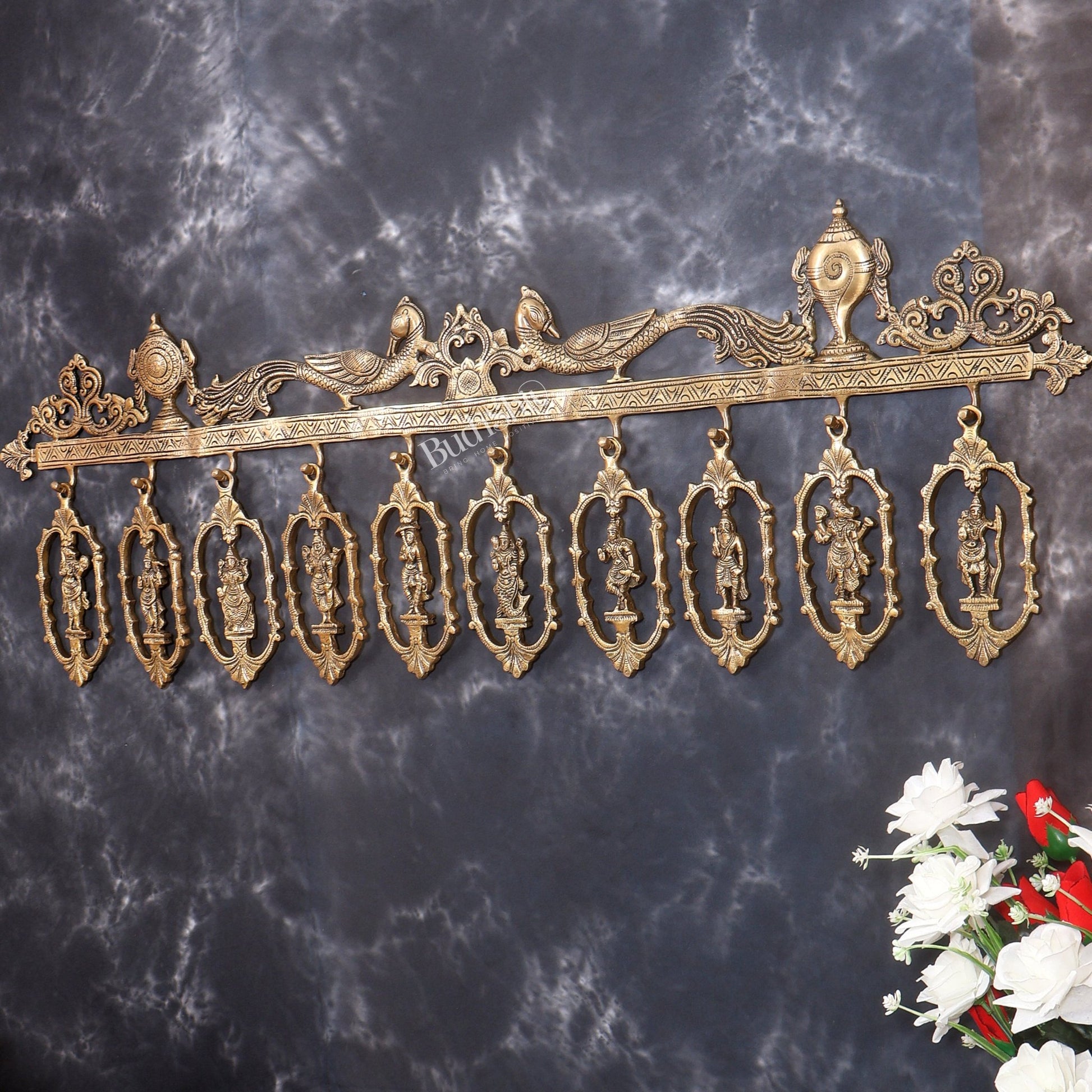 Brass Large Dashavatar Wall Hanging | Ten Avatars of Vishnu | Pure Brass Sacred Wall Décor 42.5 inch - Budhshiv.com