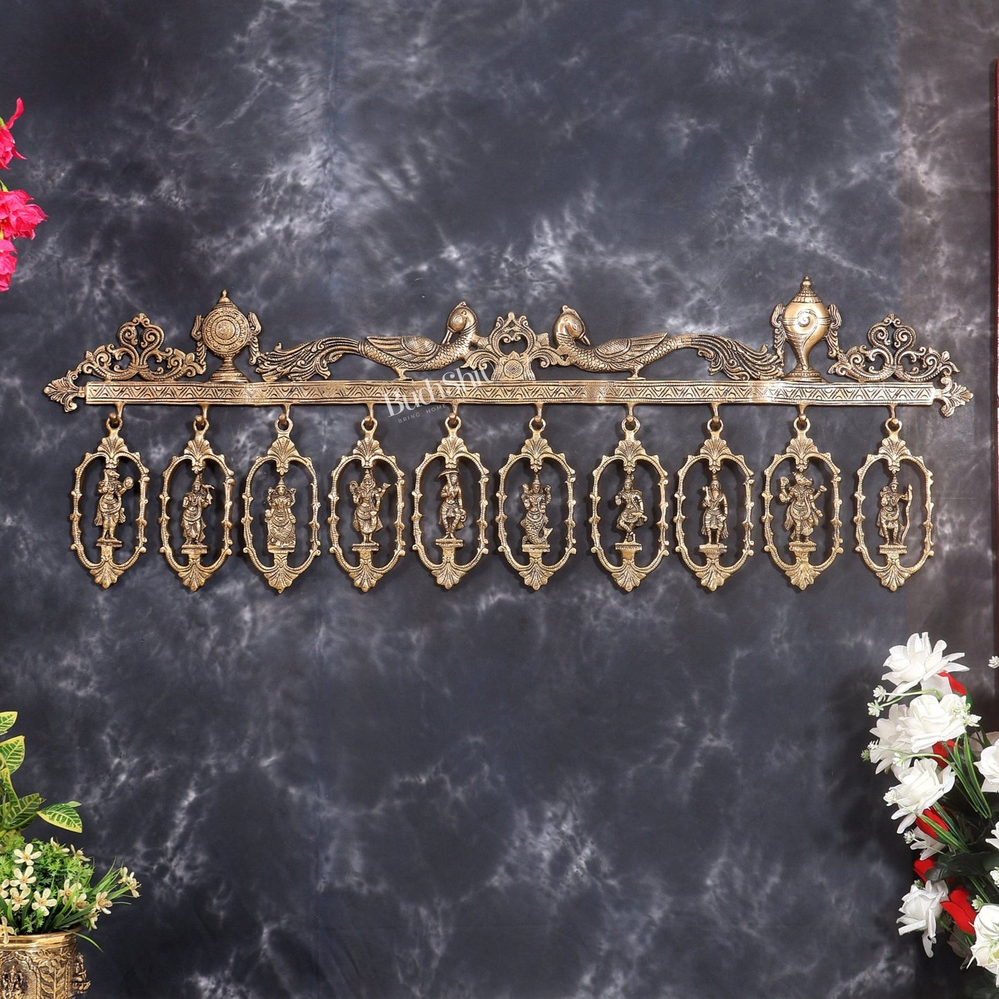 Brass Large Dashavatar Wall Hanging | Ten Avatars of Vishnu | Pure Brass Sacred Wall Décor 42.5 inch - Budhshiv.com