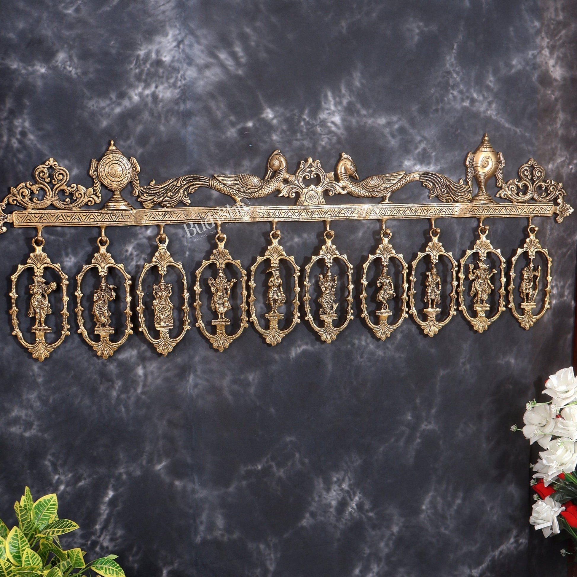 Brass Large Dashavatar Wall Hanging | Ten Avatars of Vishnu | Pure Brass Sacred Wall Décor 42.5 inch - Budhshiv.com