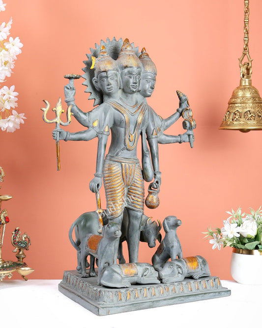 Brass Large Dattatreya Statue – Divine Trinity Sculpture (22.5 Inches) Stonefinish - Budhshiv.com