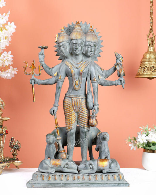 Brass Large Dattatreya Statue – Divine Trinity Sculpture (22.5 Inches) Stonefinish - Budhshiv.com