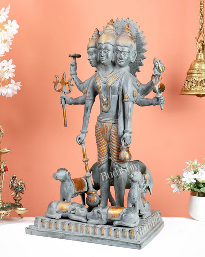 Brass Large Dattatreya Statue – Divine Trinity Sculpture (22.5 Inches) Stonefinish - Budhshiv.com
