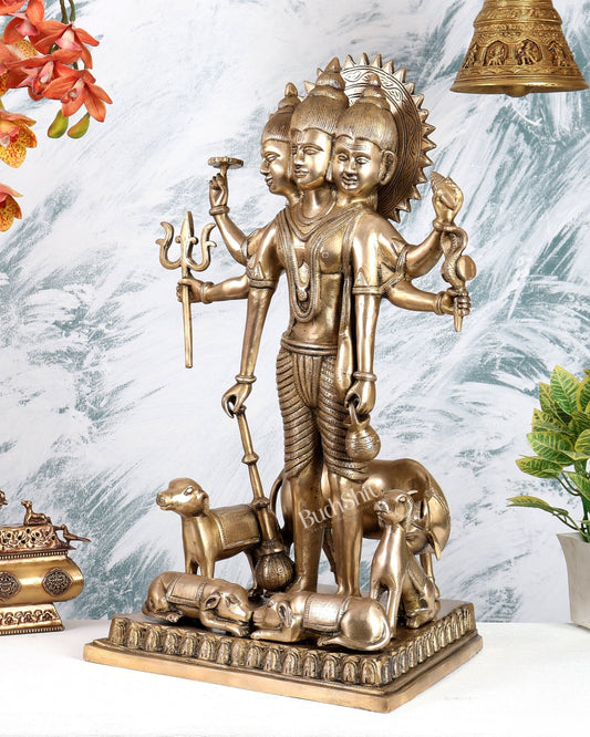 Brass Large Dattatreya Statue – Divine Trinity Sculpture (22.5 Inches) - Budhshiv.com