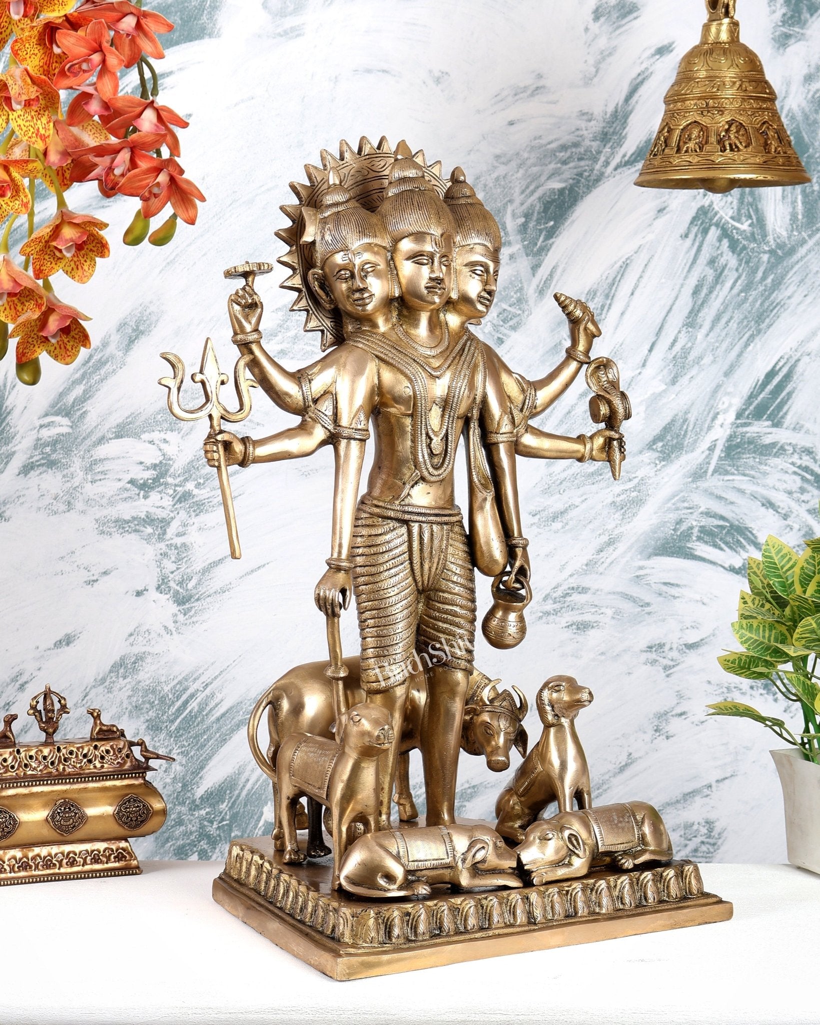 Brass Large Dattatreya Statue – Divine Trinity Sculpture (22.5 Inches) - Budhshiv.com