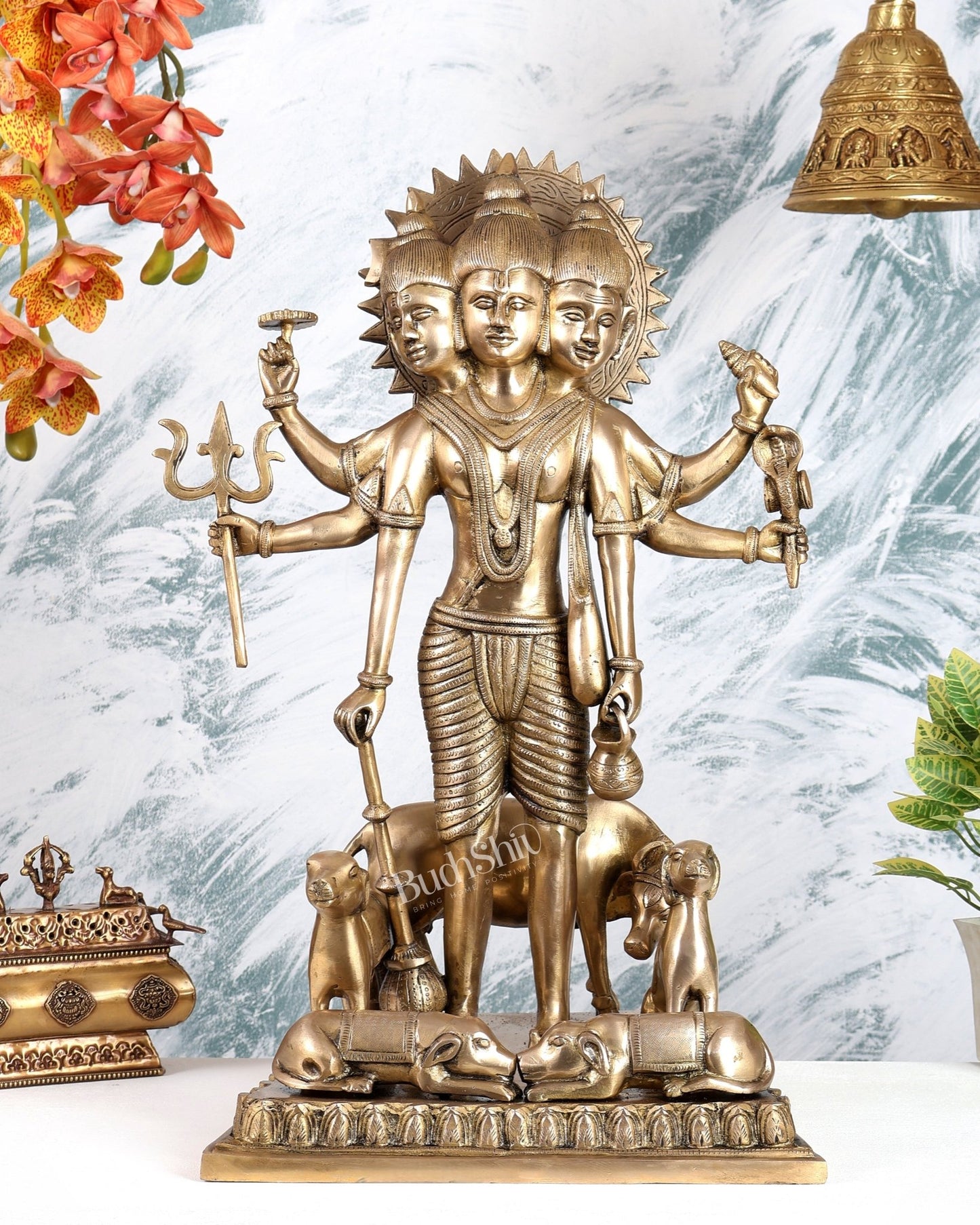 Brass Large Dattatreya Statue – Divine Trinity Sculpture (22.5 Inches) - Budhshiv.com