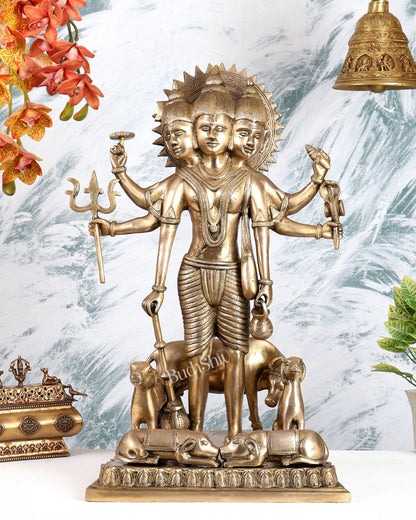 Brass Large Dattatreya Statue – Divine Trinity Sculpture (22.5 Inches) - Budhshiv.com