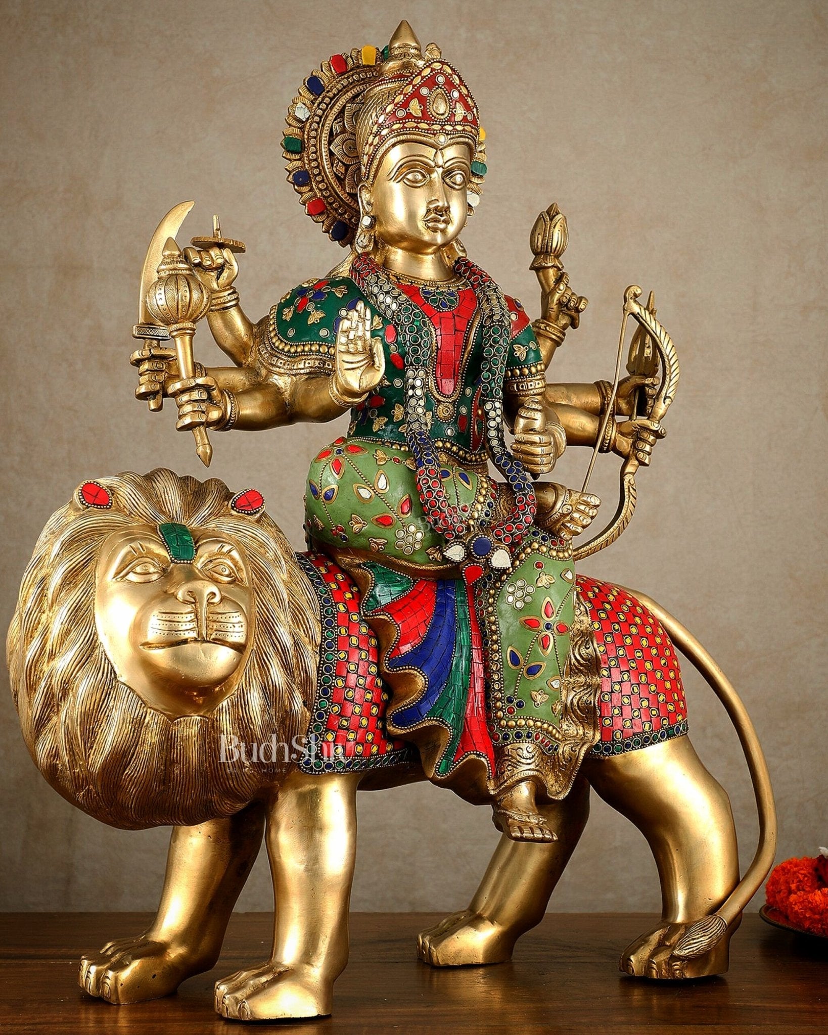 Brass large Durga ma ambe Statue – 24 Inches, Meenakari Stonework - Budhshiv.com