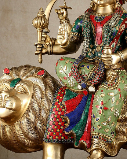 Brass large Durga ma ambe Statue – 24 Inches, Meenakari Stonework - Budhshiv.com
