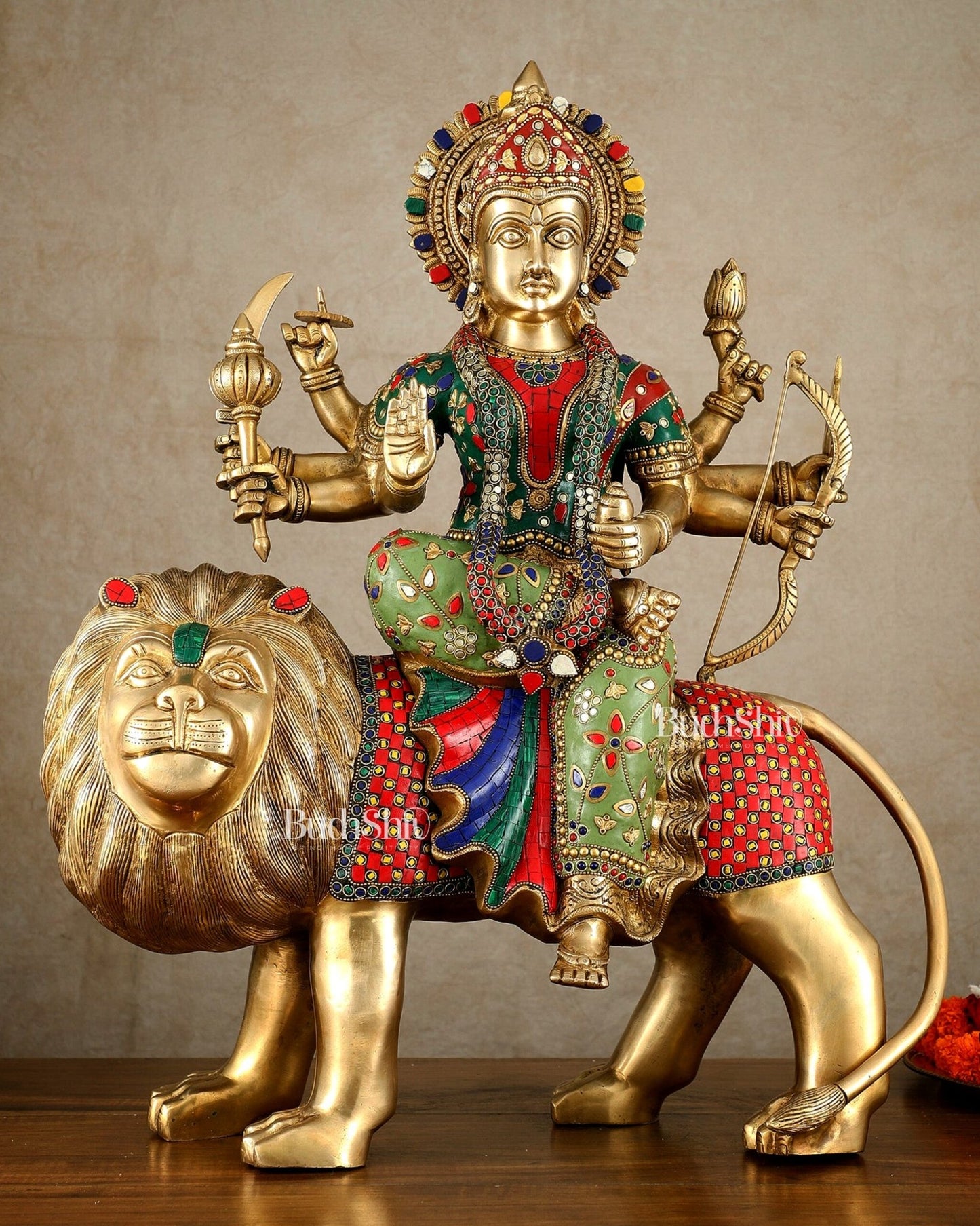 Brass large Durga ma ambe Statue – 24 Inches, Meenakari Stonework - Budhshiv.com