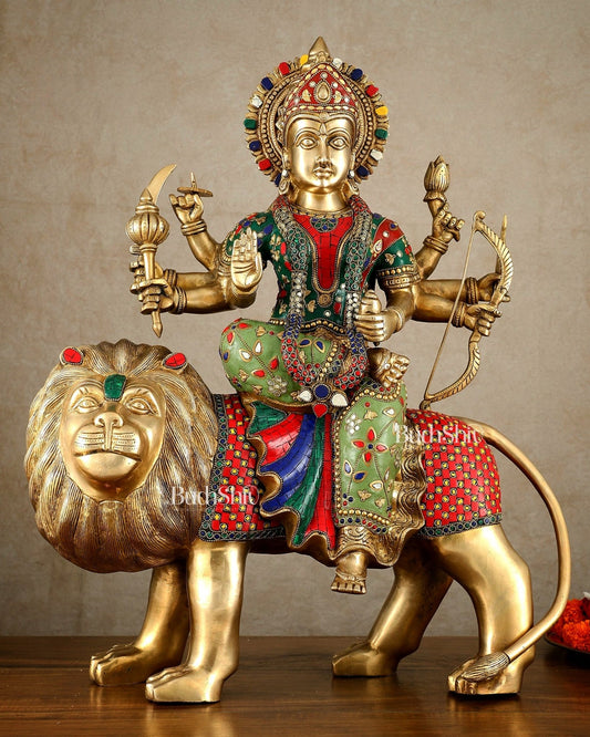 Brass large Durga ma ambe Statue – 24 Inches, Meenakari Stonework - Budhshiv.com