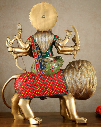 Brass large Durga ma ambe Statue – 24 Inches, Meenakari Stonework - Budhshiv.com