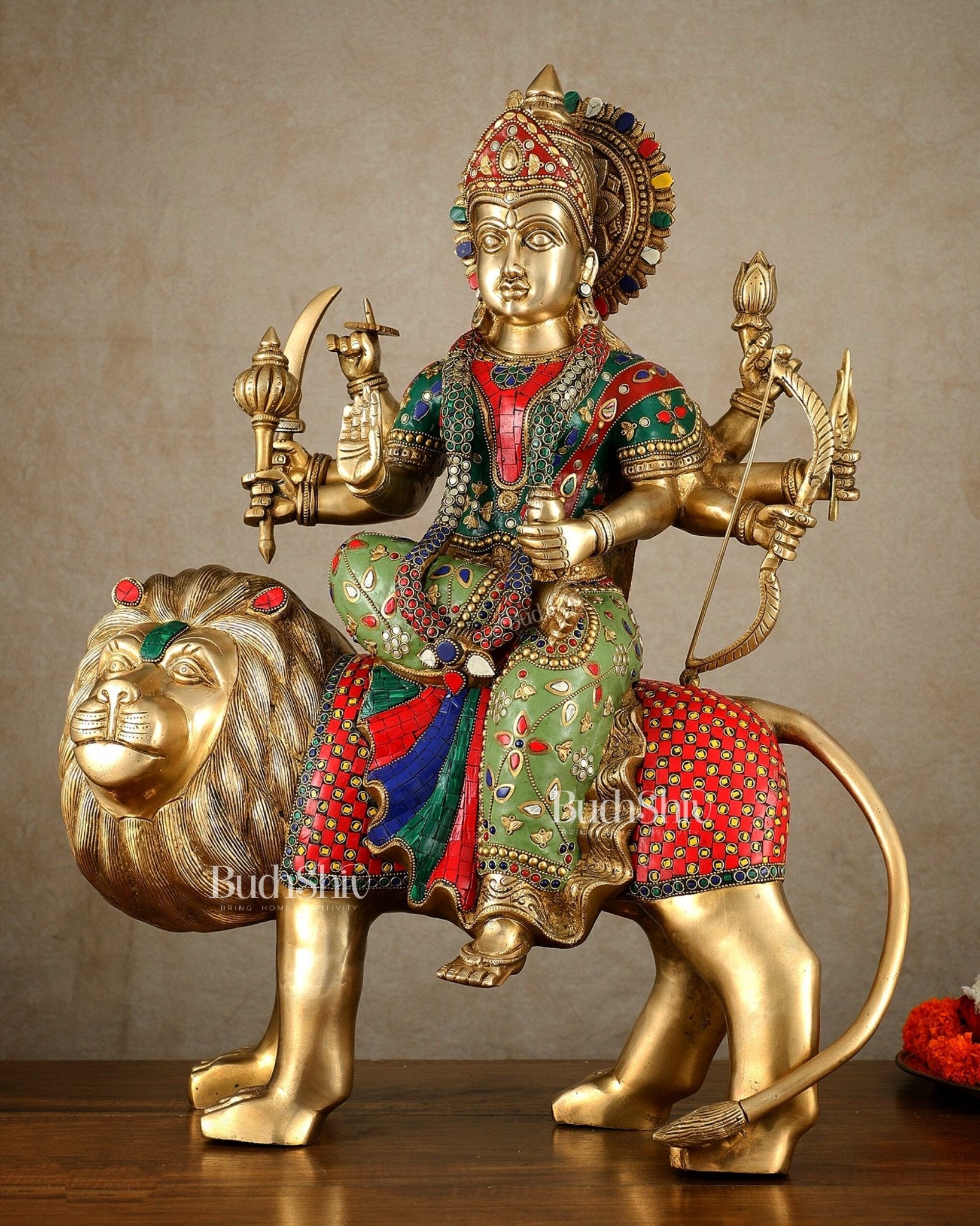 Brass large Durga ma ambe Statue – 24 Inches, Meenakari Stonework - Budhshiv.com