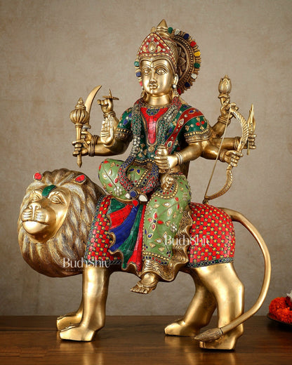 Brass large Durga ma ambe Statue – 24 Inches, Meenakari Stonework - Budhshiv.com