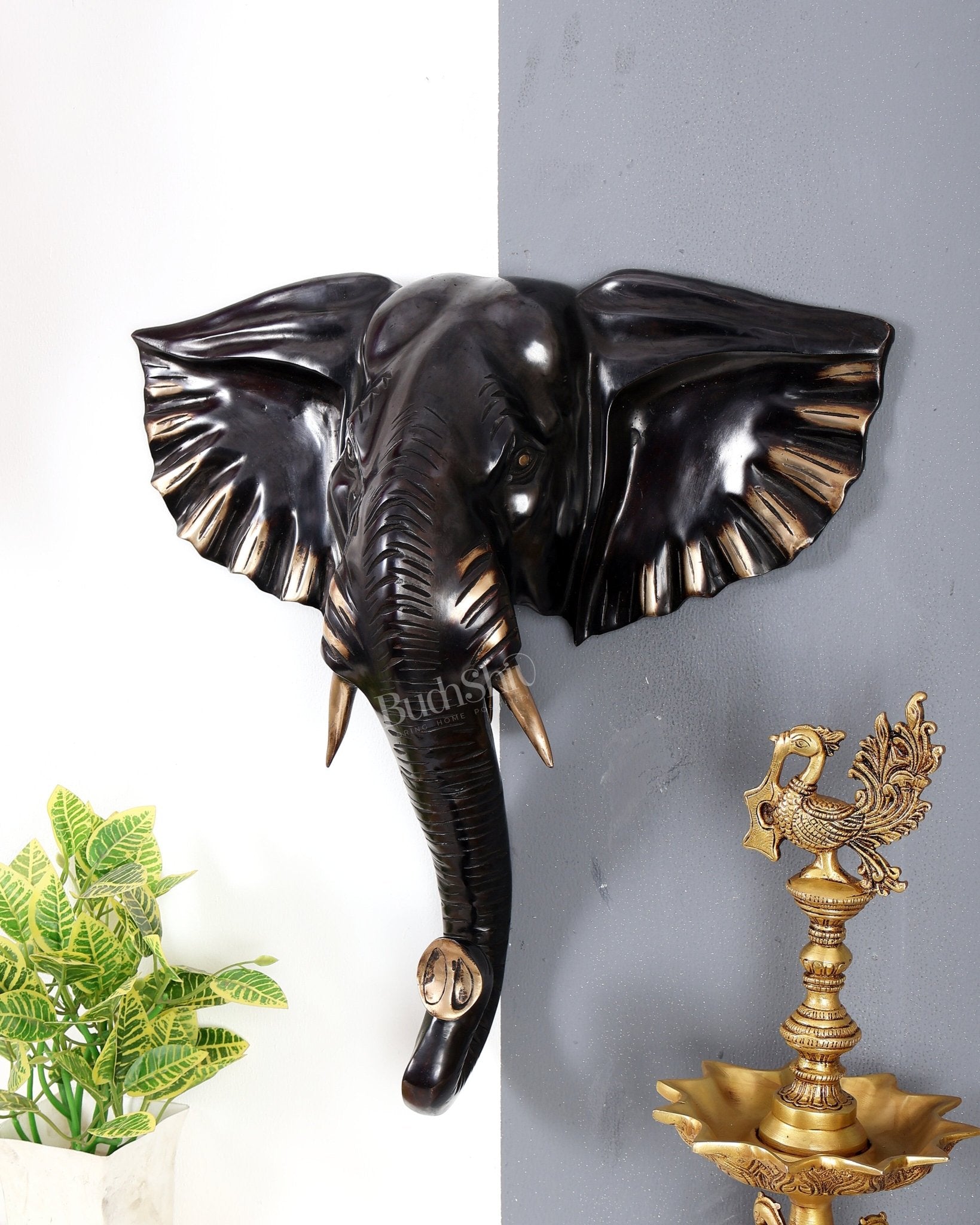 Brass Large Elephant Face Wall Hanging Mural – Handcrafted Luxury Home Décor Black edition 18.5 inch - Budhshiv.com