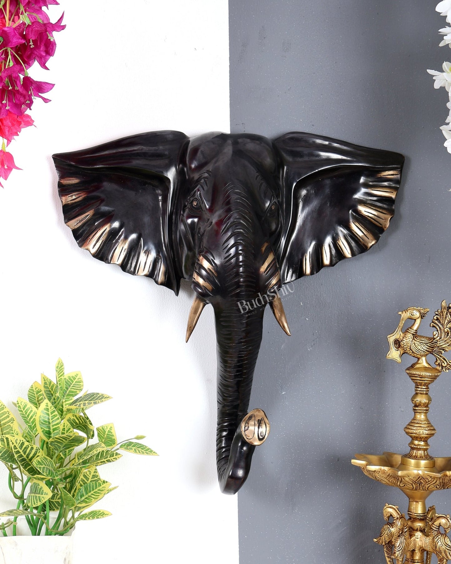 Brass Large Elephant Face Wall Hanging Mural – Handcrafted Luxury Home Décor Black edition 18.5 inch - Budhshiv.com