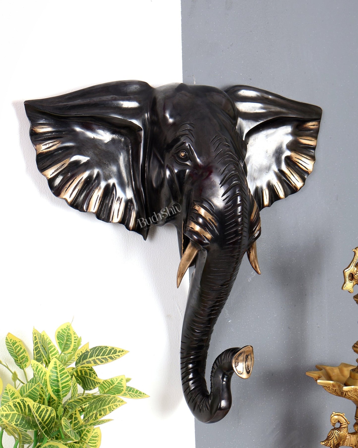 Brass Large Elephant Face Wall Hanging Mural – Handcrafted Luxury Home Décor Black edition 18.5 inch - Budhshiv.com