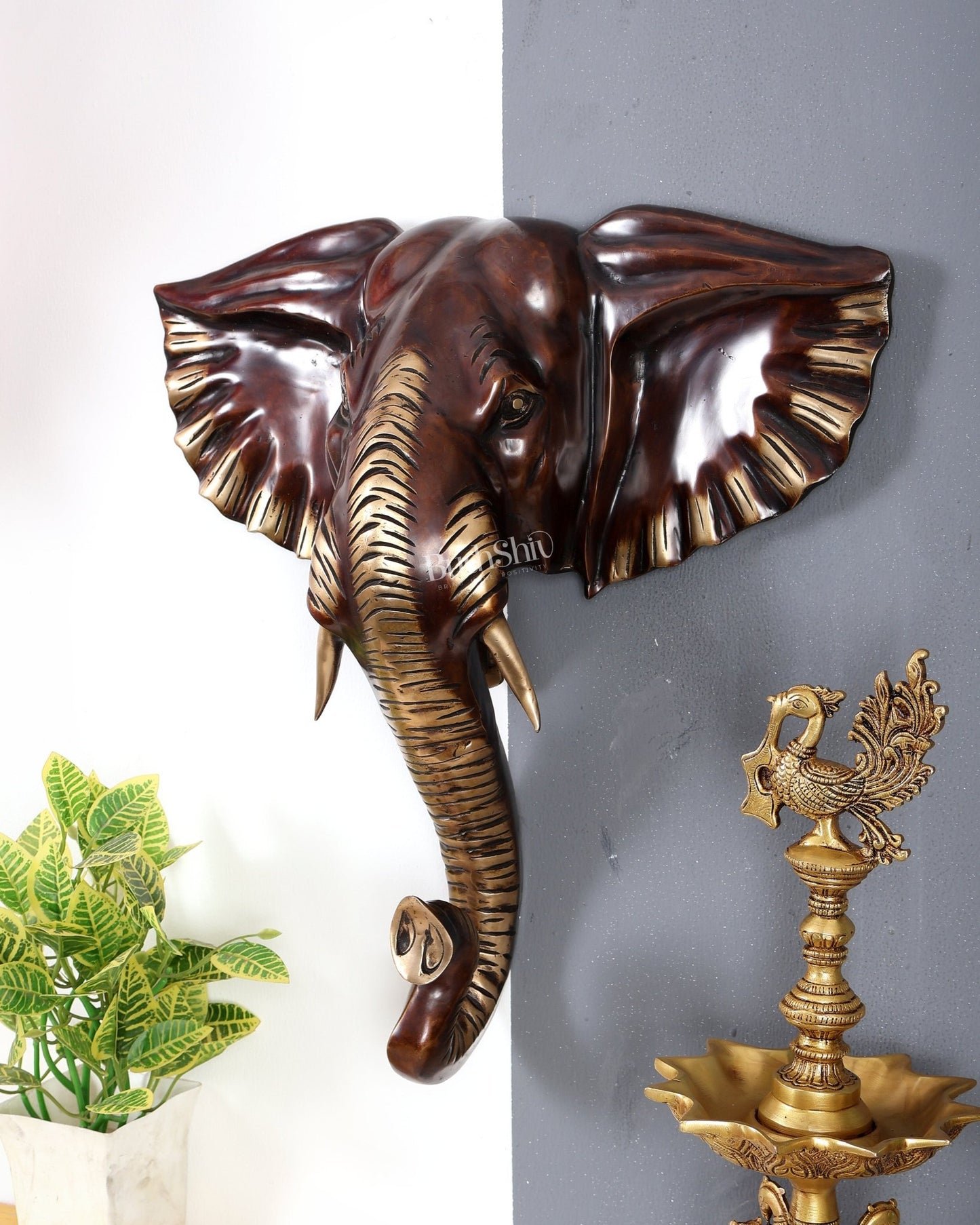 Brass Large Elephant Face Wall Hanging Mural – Handcrafted Luxury Home Décor Chocolate tone 18.5 inch - Budhshiv.com