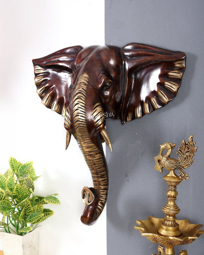 Brass Large Elephant Face Wall Hanging Mural – Handcrafted Luxury Home Décor Chocolate tone 18.5 inch - Budhshiv.com