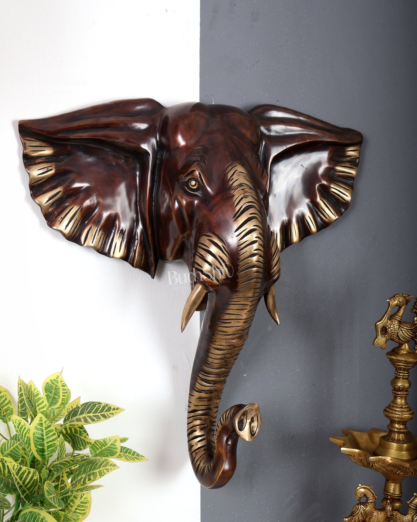 Brass Large Elephant Face Wall Hanging Mural – Handcrafted Luxury Home Décor Chocolate tone 18.5 inch - Budhshiv.com