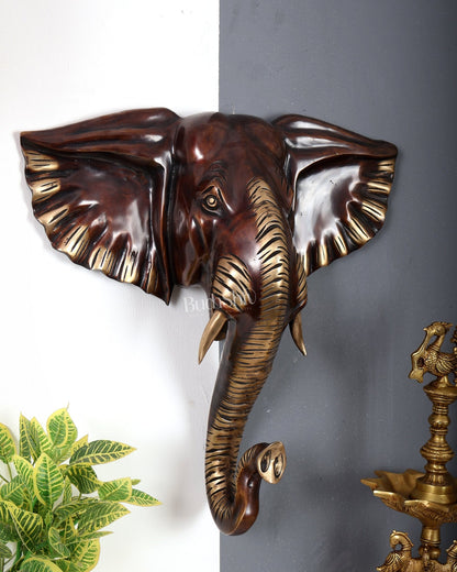 Brass Large Elephant Face Wall Hanging Mural – Handcrafted Luxury Home Décor Chocolate tone 18.5 inch - Budhshiv.com