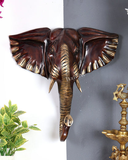 Brass Large Elephant Face Wall Hanging Mural – Handcrafted Luxury Home Décor Chocolate tone 18.5 inch - Budhshiv.com