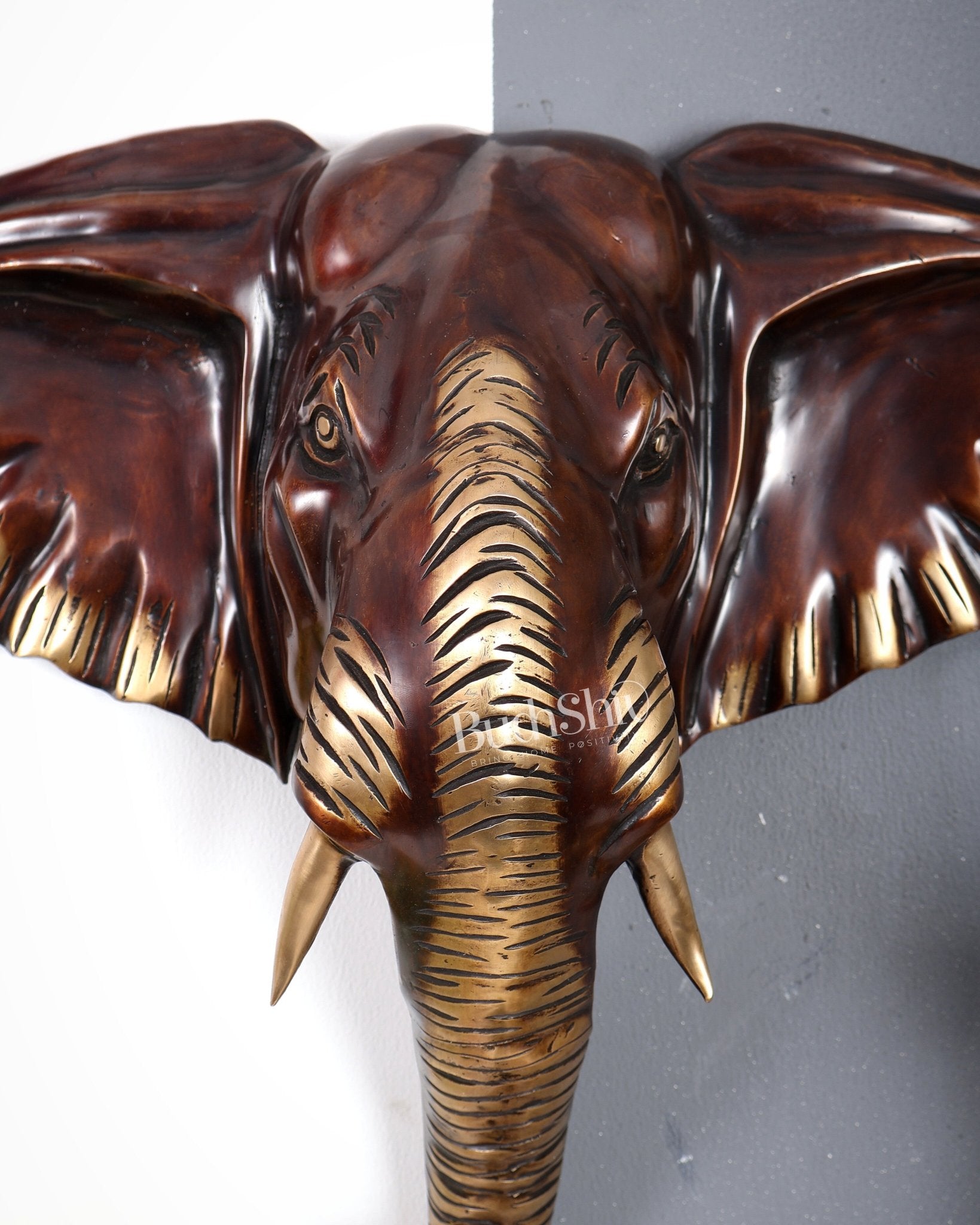 Brass Large Elephant Face Wall Hanging Mural – Handcrafted Luxury Home Décor Chocolate tone 18.5 inch - Budhshiv.com